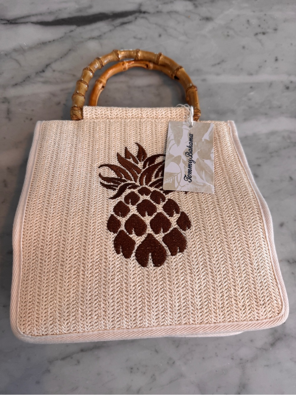 Tommy Bahama Cream Straw Tote with Brown Pineapple Motif and Bamboo Handles